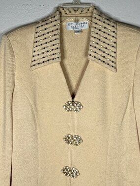 St. John Evening 3-Piece Butter Cream Knit Suit Pearl Crystal Jacket Suit, sz 6